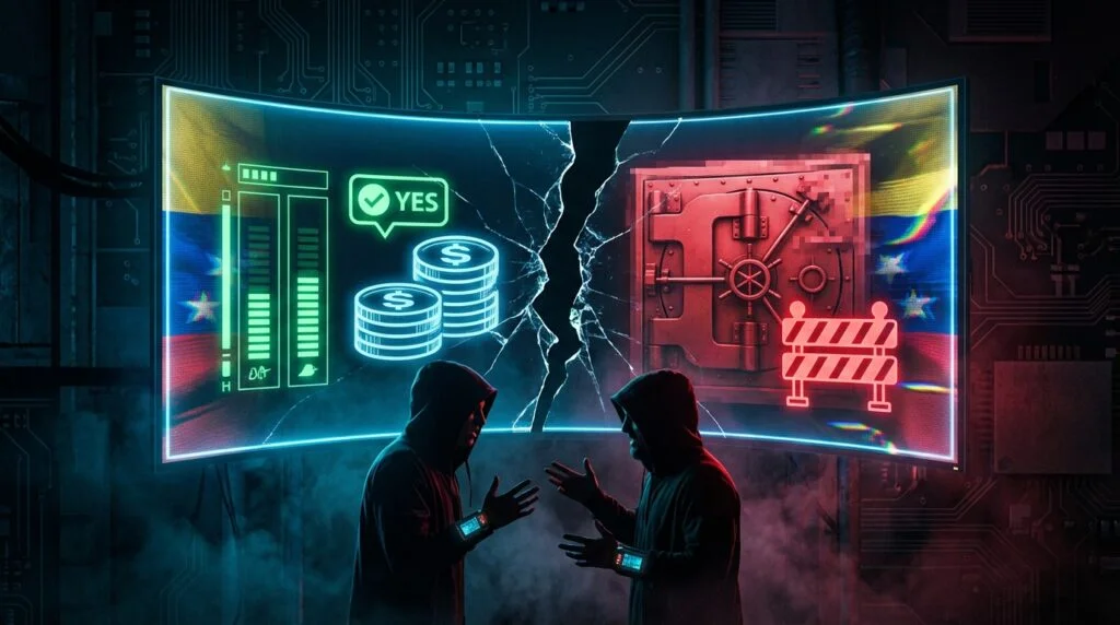 Cracked screen showing prediction market YES position vs locked vault - representing Polymarket refusing to pay Venezuela invasion bets