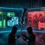 Cracked screen showing prediction market YES position vs locked vault - representing Polymarket refusing to pay Venezuela invasion bets