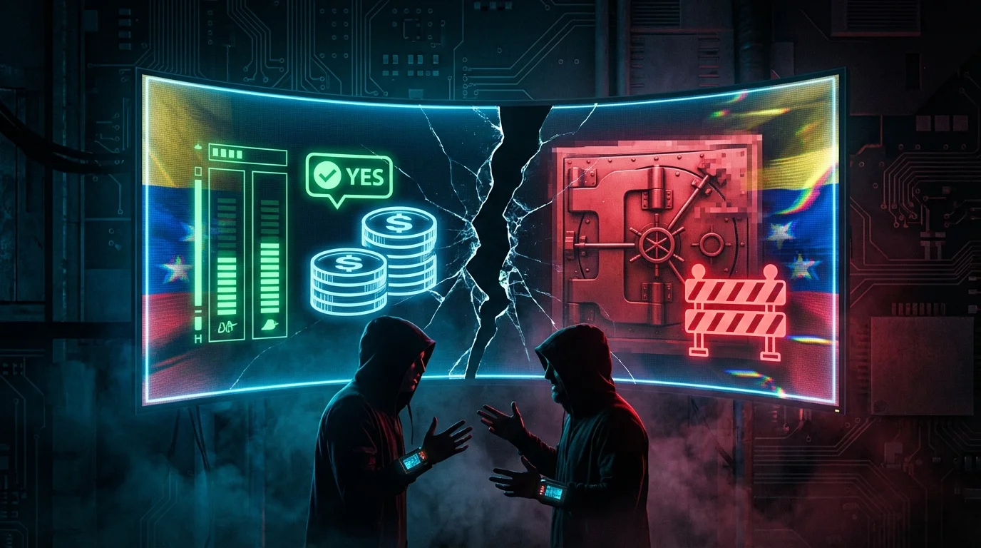 Cracked screen showing prediction market YES position vs locked vault - representing Polymarket refusing to pay Venezuela invasion bets