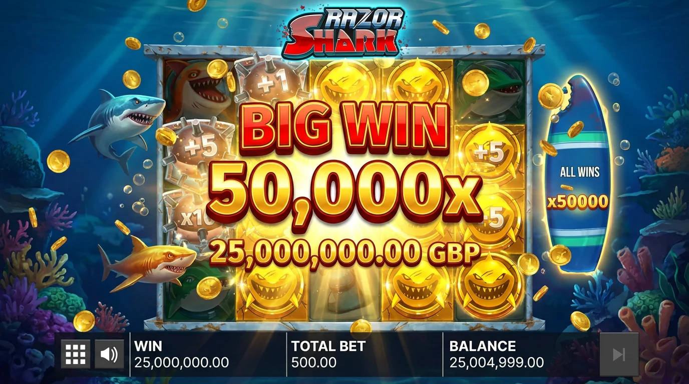 Razor Shark max win showing golden sharks and massive payout