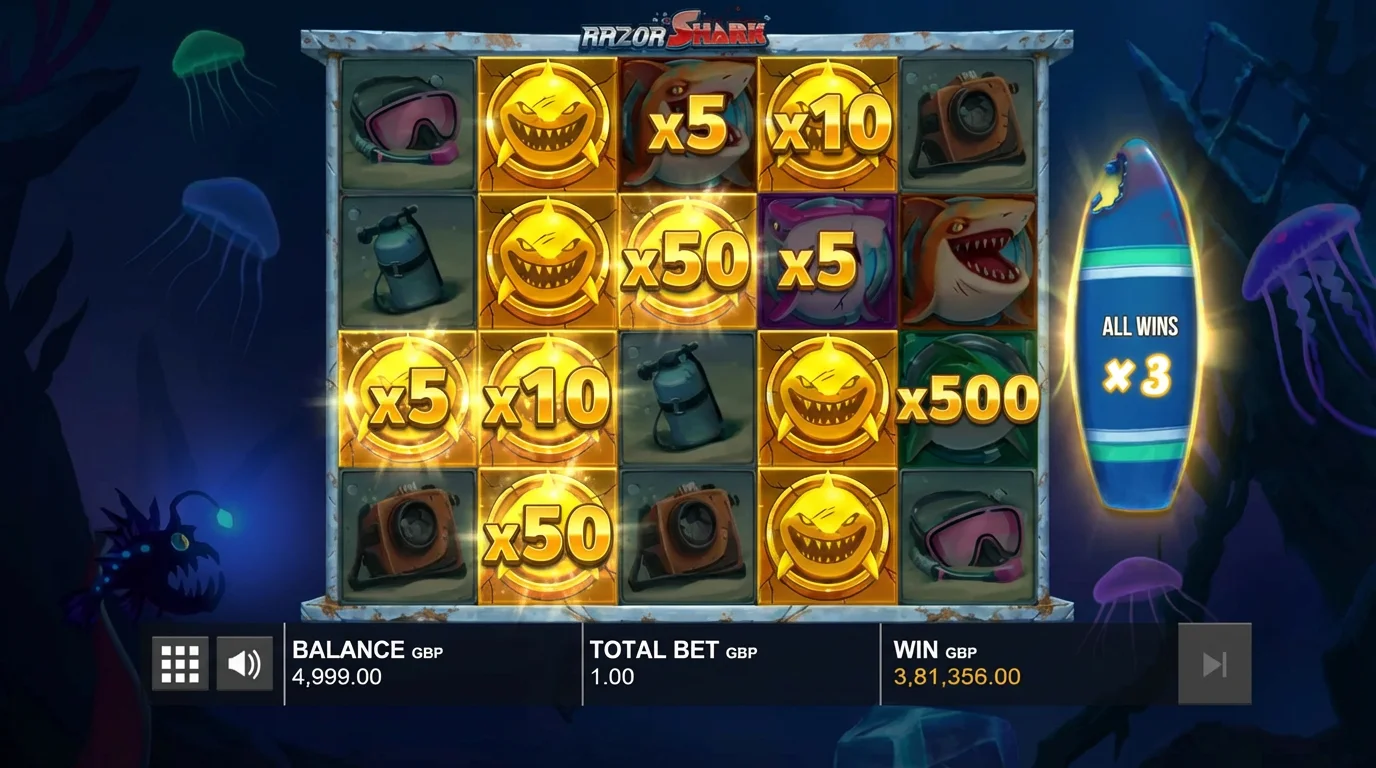 Razor Shark Razor Reveal feature with golden shark multipliers
