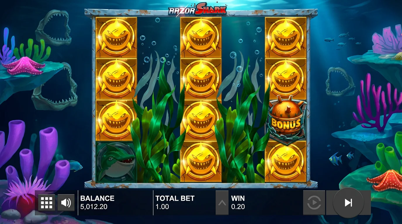 Razor Shark slot Mystery Stacks and Nudge feature showing seaweed stacks revealing symbols