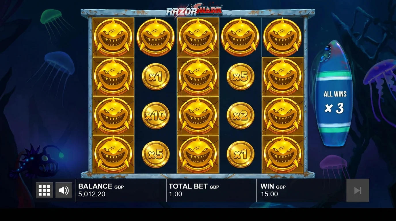 Razor Shark Razor Reveal feature showing golden sharks with multipliers