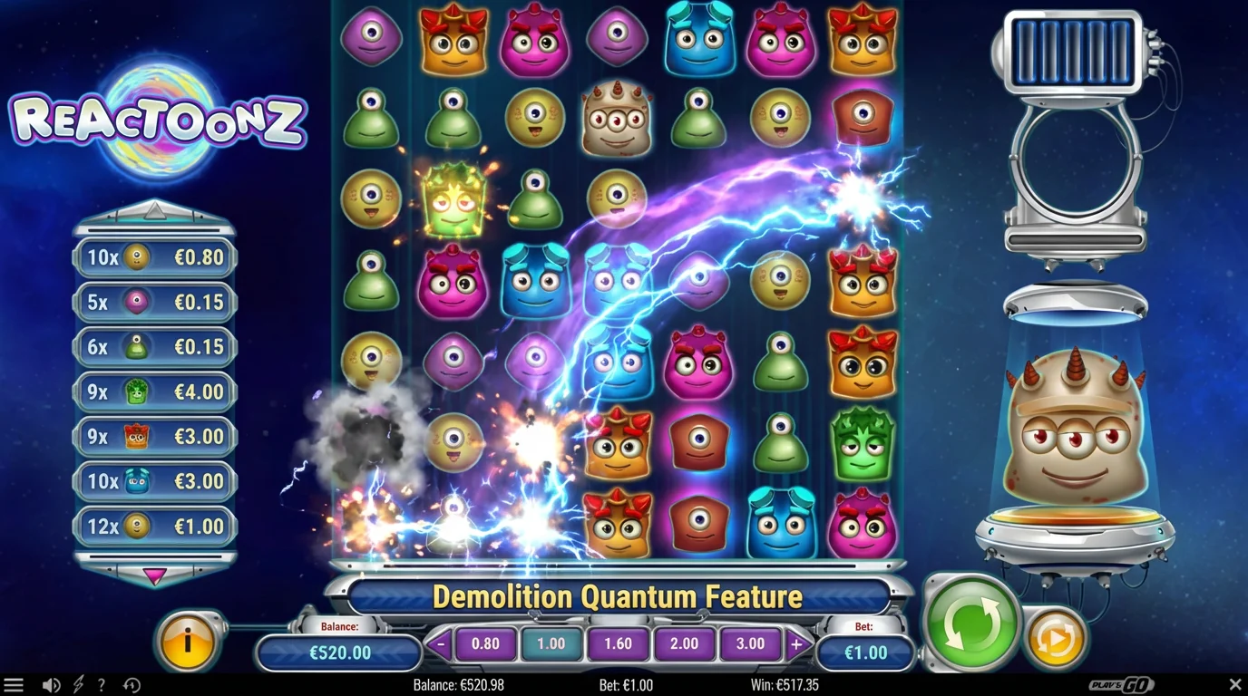 Reactoonz slot Demolition feature destroying low-pay symbols