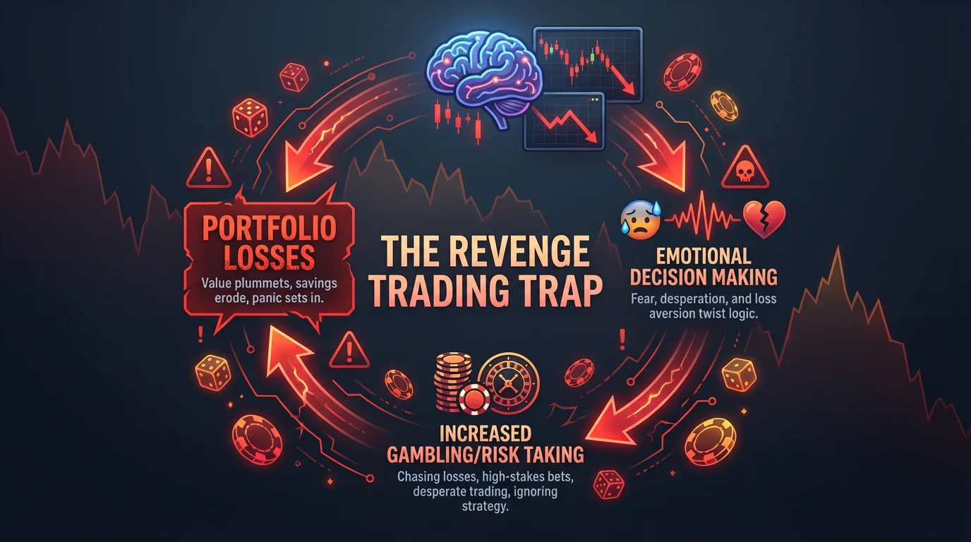 Infographic showing the revenge trading trap cycle - portfolio losses leading to emotional decision making and increased gambling