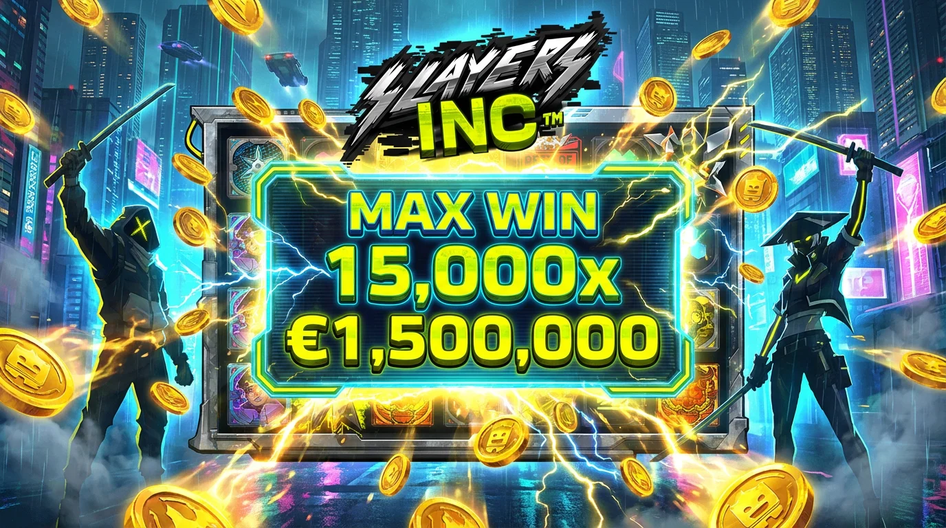 Slayers Inc slot big win celebration showing maximum win potential