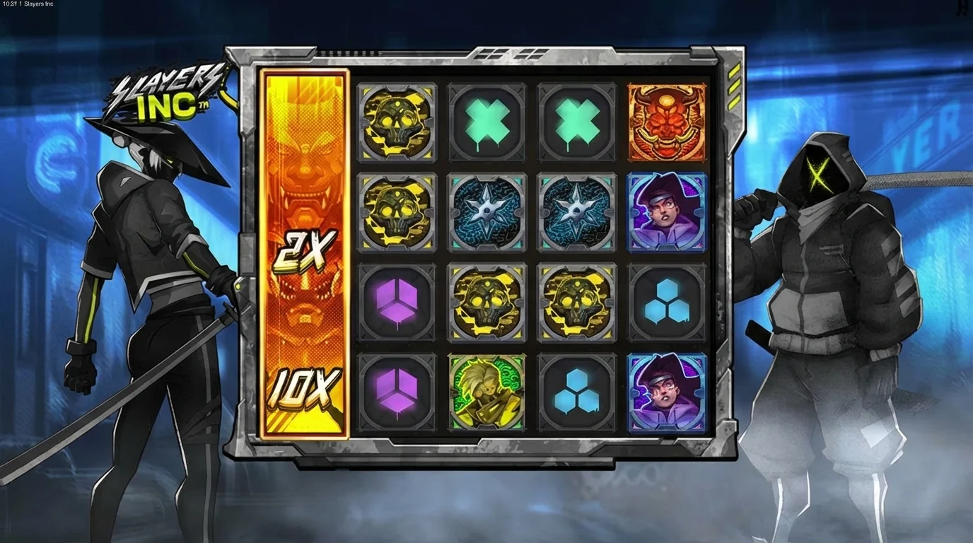Slayers Inc slot game reels showing cyberpunk neon metropolis theme with slayer characters