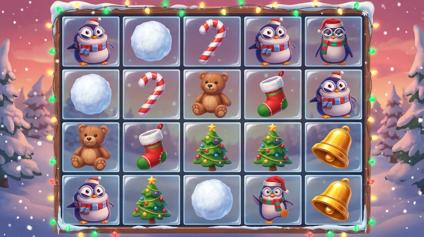 Snow Slingers slot game reels showing winter holiday theme with Christmas symbols