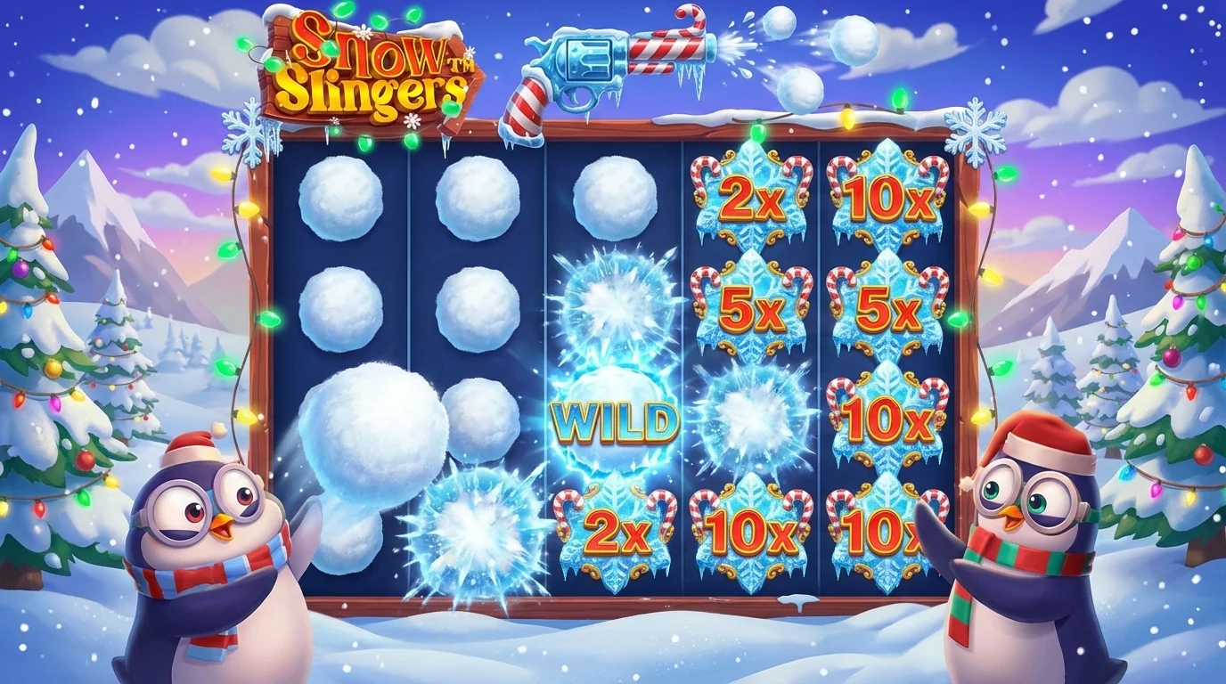 Snow Slingers Snow-volver feature showing penguins throwing snowballs