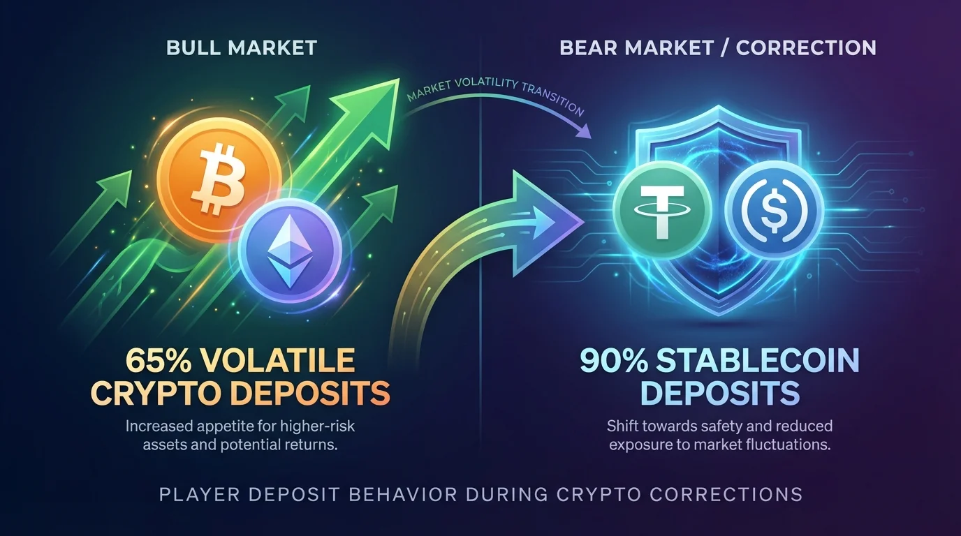 Infographic showing player deposit behavior shifting from volatile cryptocurrencies to stablecoins during market corrections