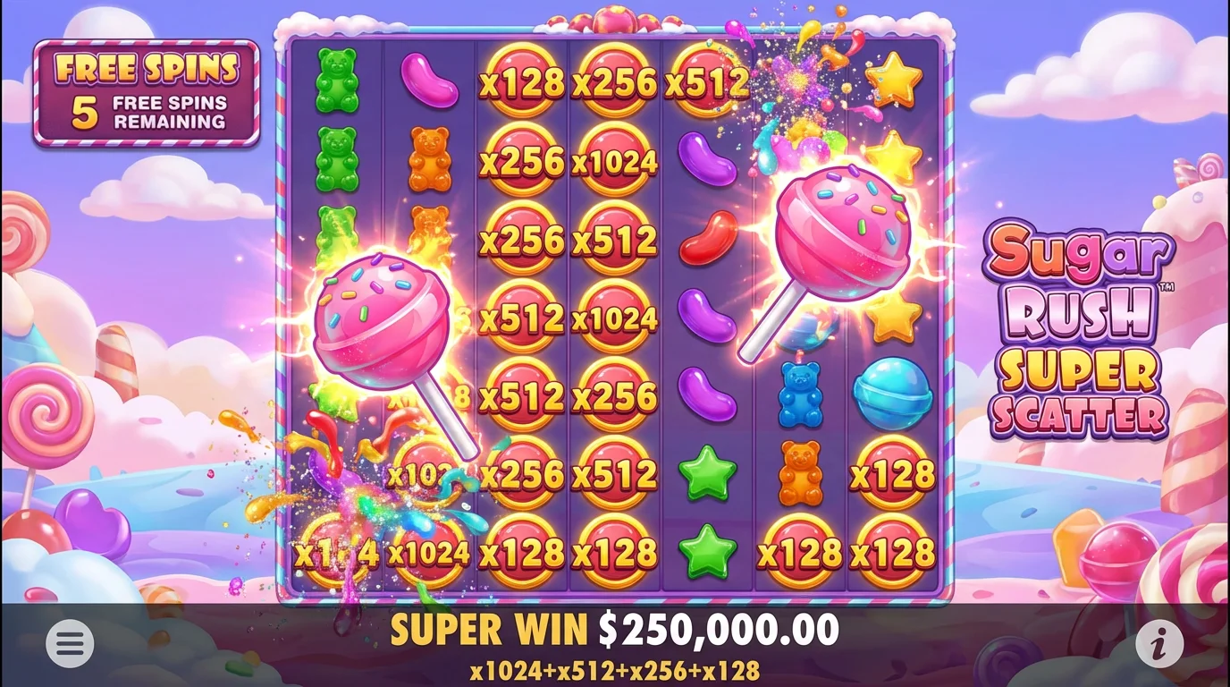 Sugar Rush Super Scatter Free Spins bonus round with persistent multipliers