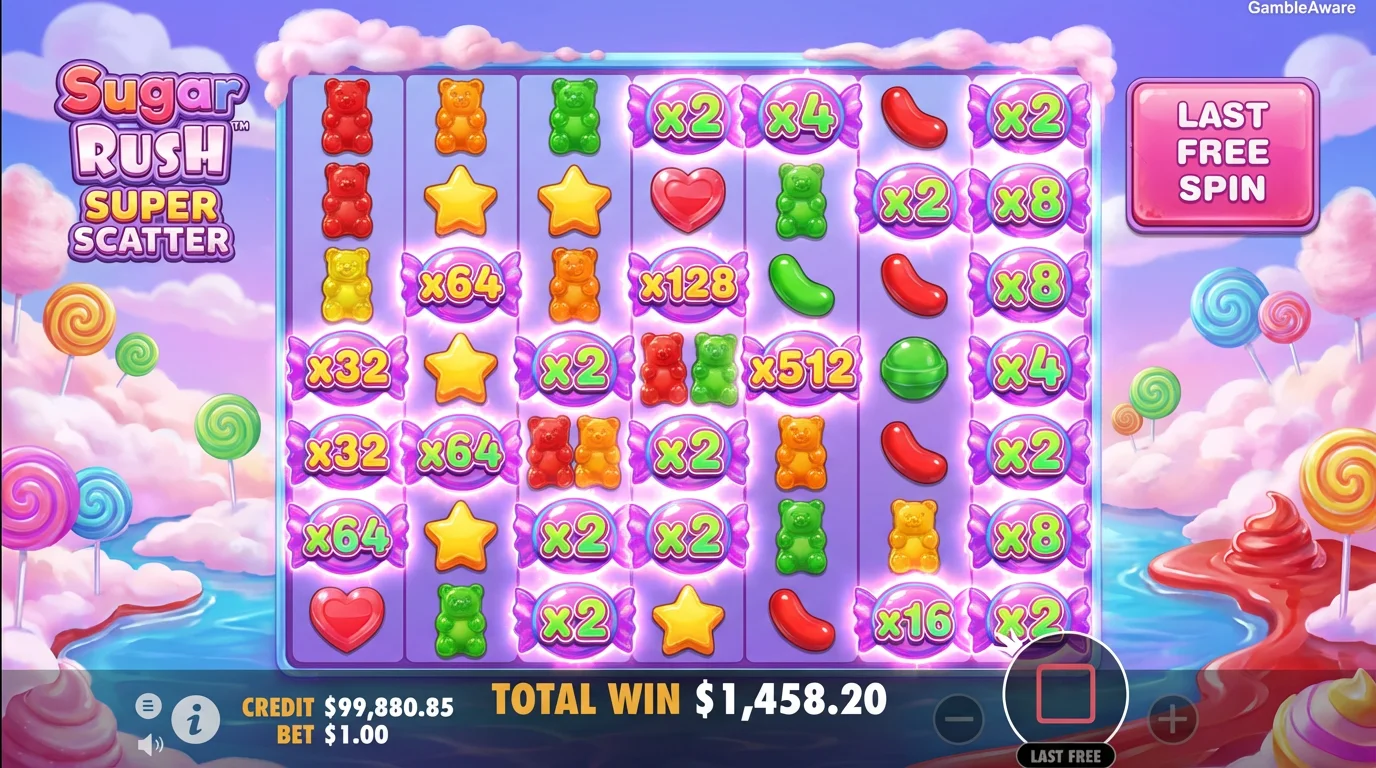 Sugar Rush Super Scatter multiplier spots feature showing x2 to x1024 multipliers