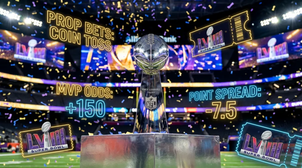 Super Bowl Lombardi Trophy with betting odds overlay including MVP props and point spread