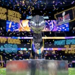 Super Bowl Lombardi Trophy with betting odds overlay including MVP props and point spread