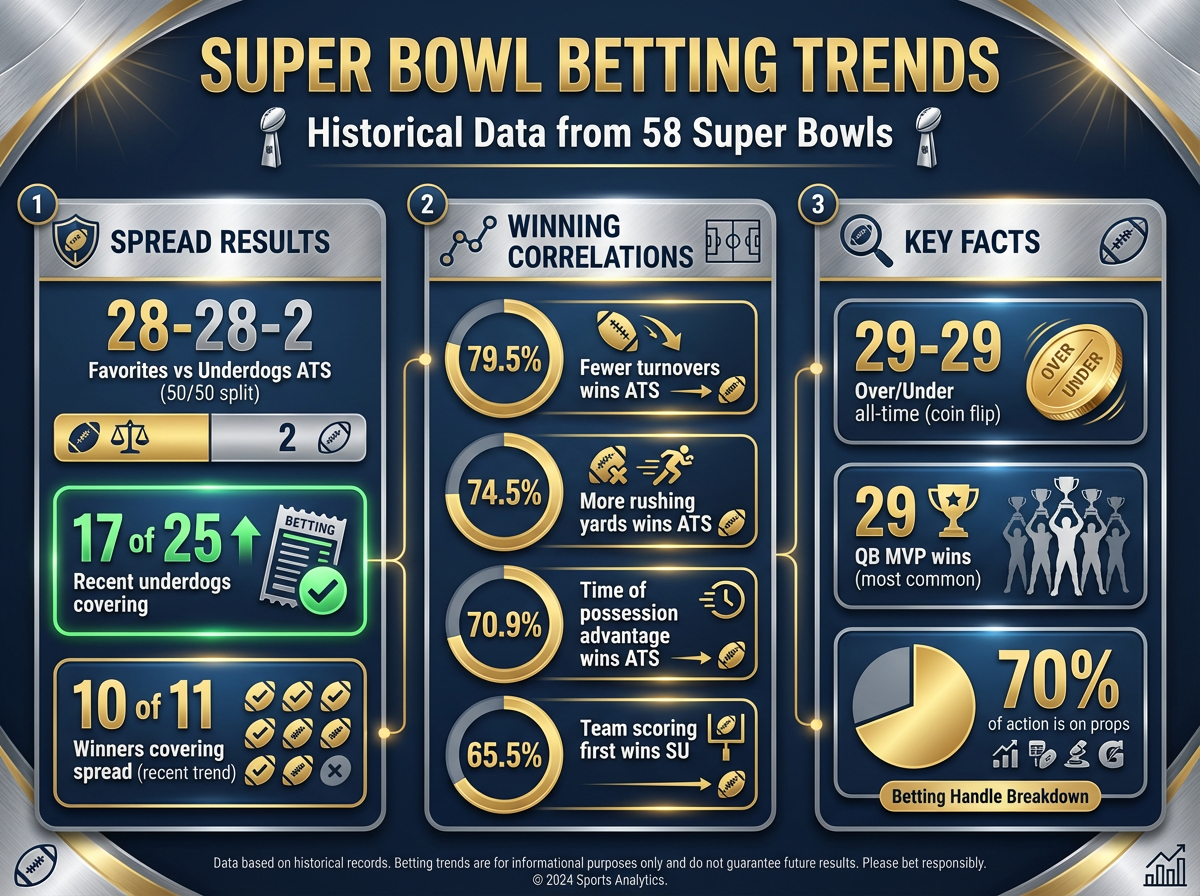 Super Bowl betting historical trends showing spread results, winning correlations, and key facts