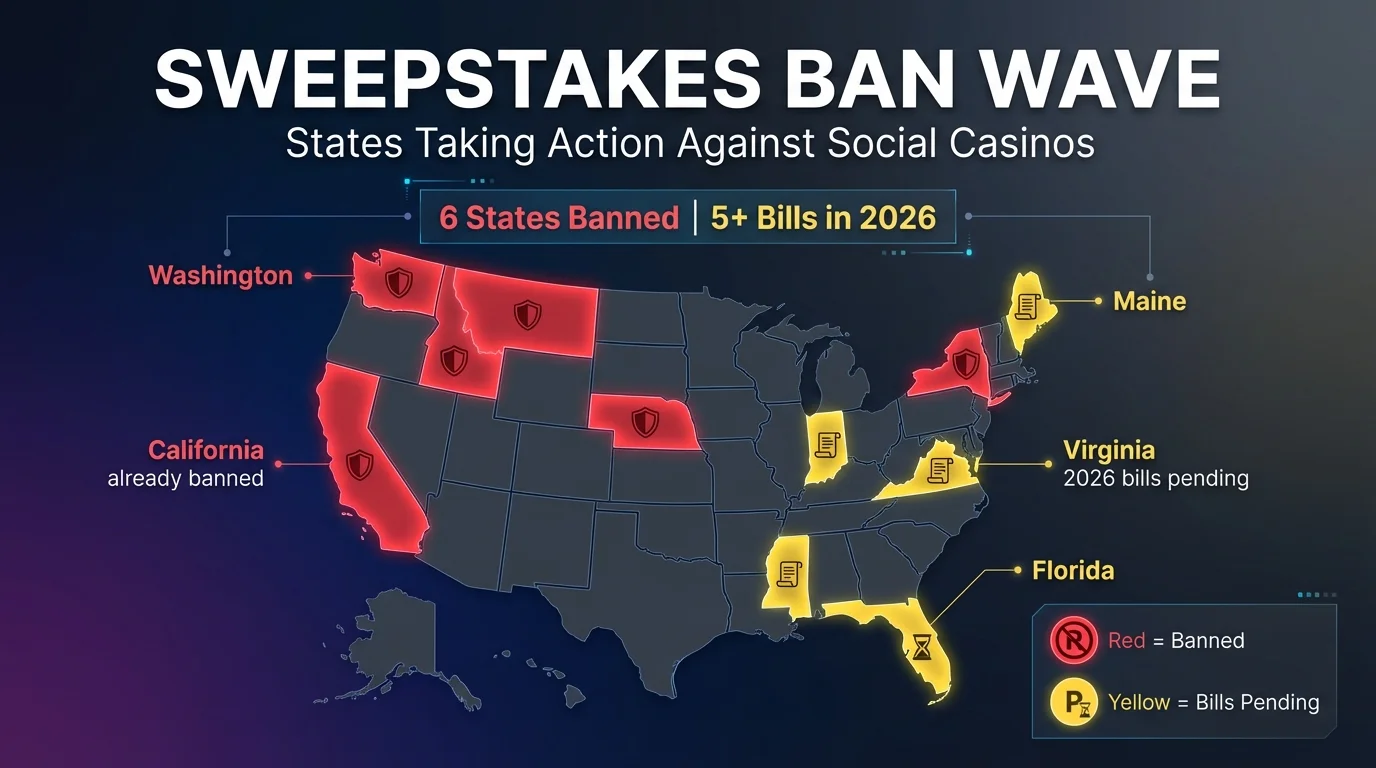 US map showing states that have banned or are considering banning sweepstakes casinos
