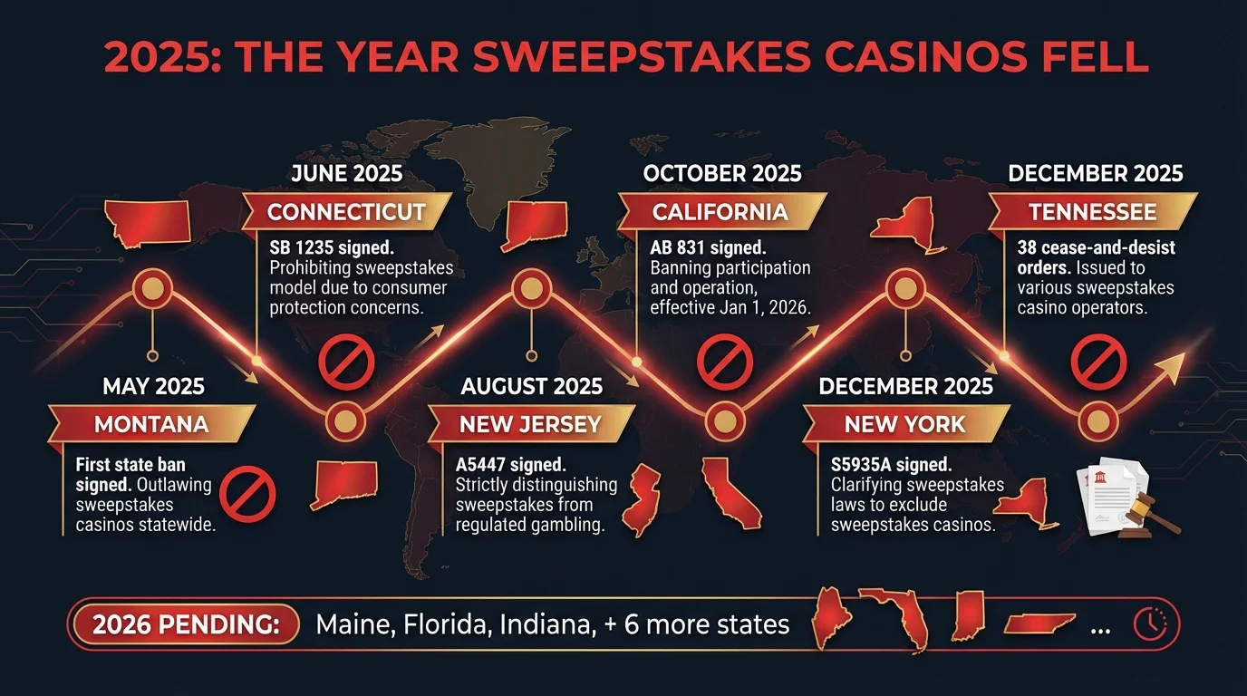 Timeline infographic showing 2025 sweepstakes casino crackdown - Montana, Connecticut, New Jersey, California, New York, and Tennessee