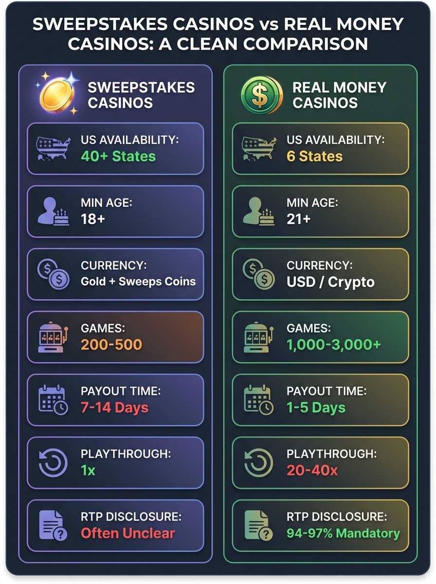Infographic comparing sweepstakes casinos (40+ states, 18+, 200-500 games, 7-14 day payouts) vs real money casinos (7 states, 21+, 1000-3000+ games, 1-5 day payouts)