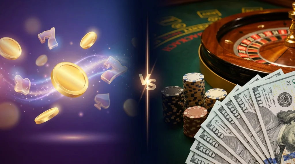 Split comparison showing sweepstakes casino with virtual gold coins versus real money casino with poker chips, roulette wheel and USD cash