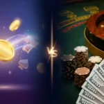 Split comparison showing sweepstakes casino with virtual gold coins versus real money casino with poker chips, roulette wheel and USD cash