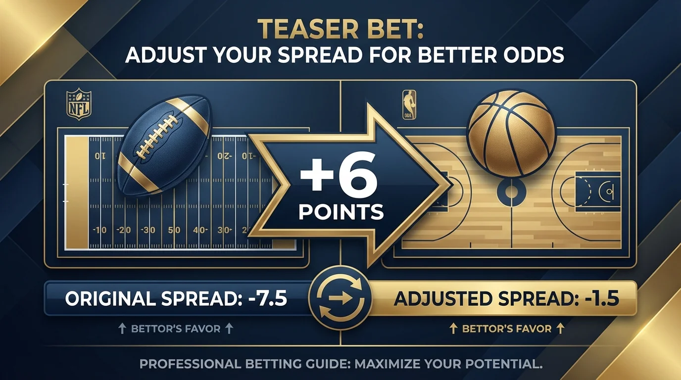 Teaser bet concept showing NFL spread adjustment from -7.5 to -1.5 with +6 points