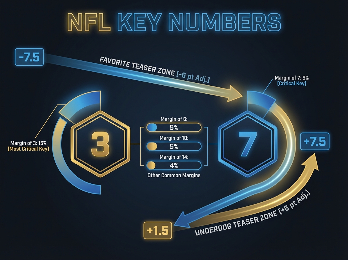 NFL key numbers infographic showing margin of 3 at 15% and margin of 7 at 9%