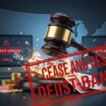 Legal gavel coming down on online casinos with cease and desist stamp, access denied screens, and US map background