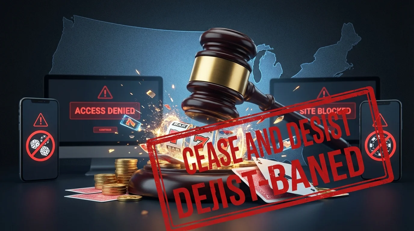 Legal gavel coming down on online casinos with cease and desist stamp, access denied screens, and US map background