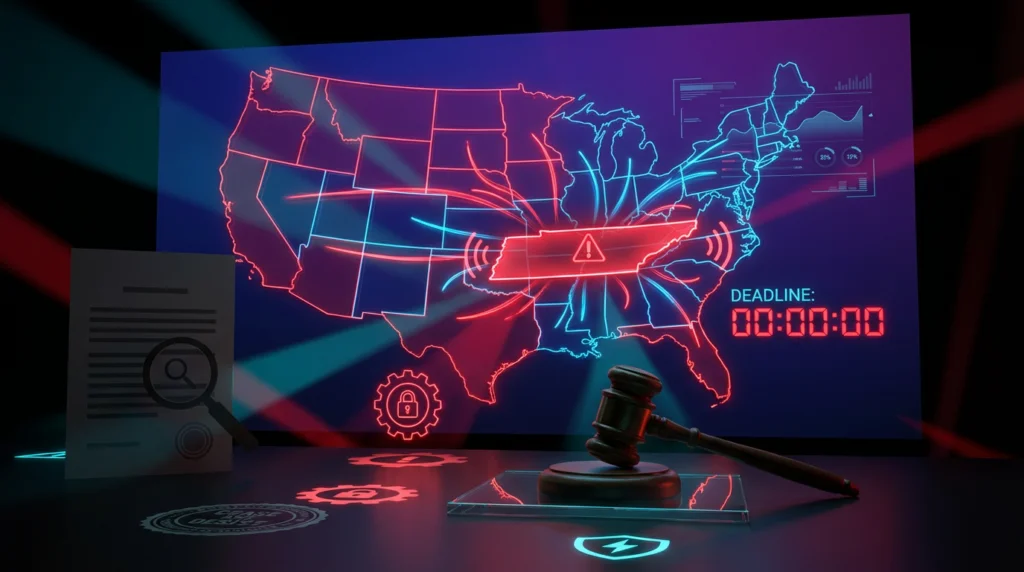 US map with Tennessee highlighted showing state enforcement action against prediction markets with deadline countdown and legal gavel