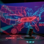 US map with Tennessee highlighted showing state enforcement action against prediction markets with deadline countdown and legal gavel