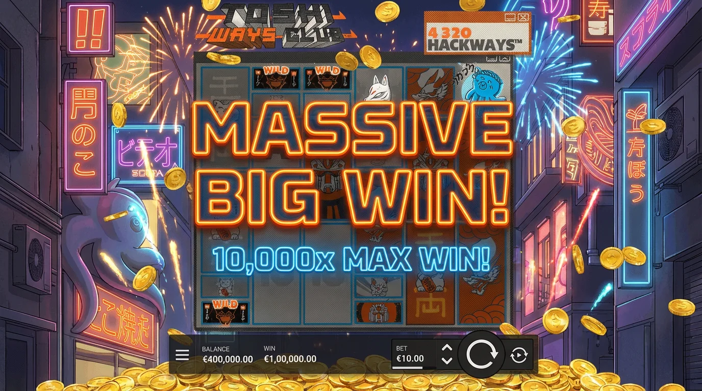 Toshi Ways Club slot big win celebration showing 10000x maximum win