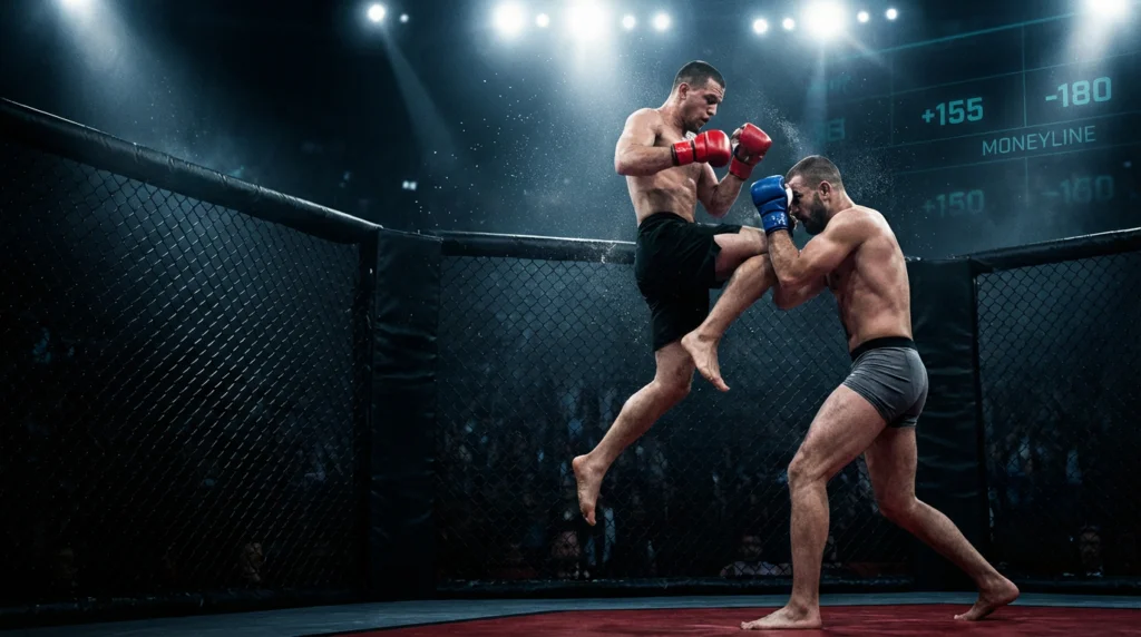 MMA fighters in the octagon with betting odds overlay