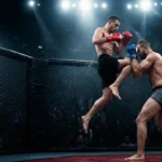 MMA fighters in the octagon with betting odds overlay