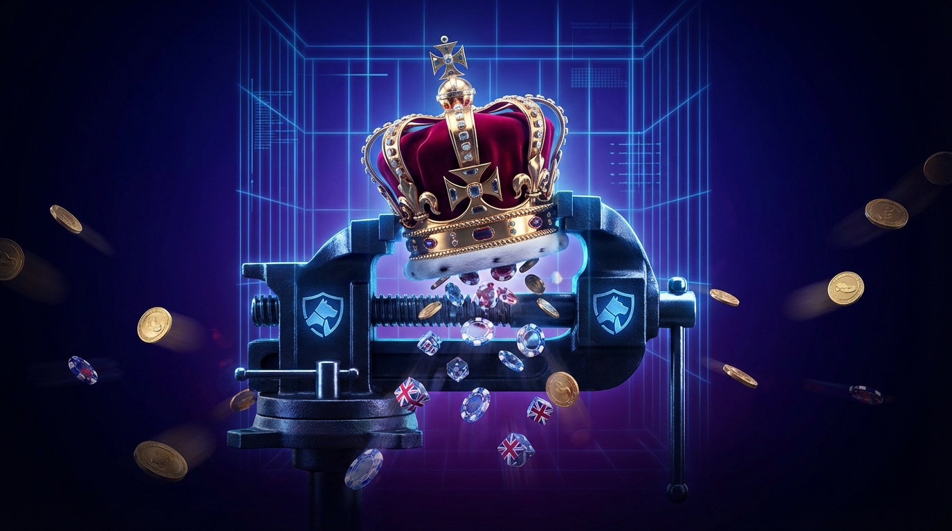 British crown being squeezed in regulatory vice with casino chips and Union Jack dice scattering - symbolizing UK gambling industry under regulatory pressure