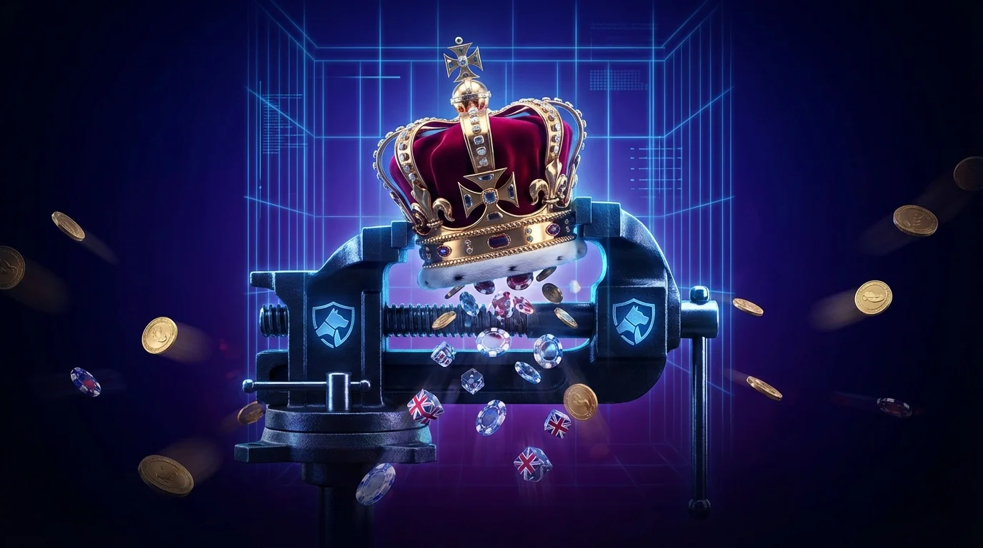 British crown being squeezed in regulatory vice with casino chips and Union Jack dice scattering - symbolizing UK gambling industry under regulatory pressure