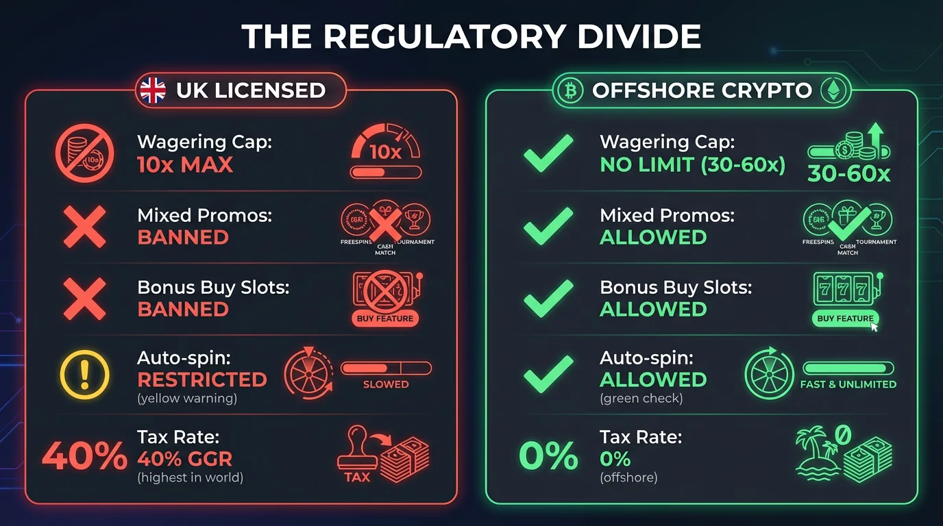 Infographic comparing UK licensed gambling restrictions (10x wagering cap, banned mixed promos, 40% tax) vs offshore crypto casinos (no limits, all features allowed)