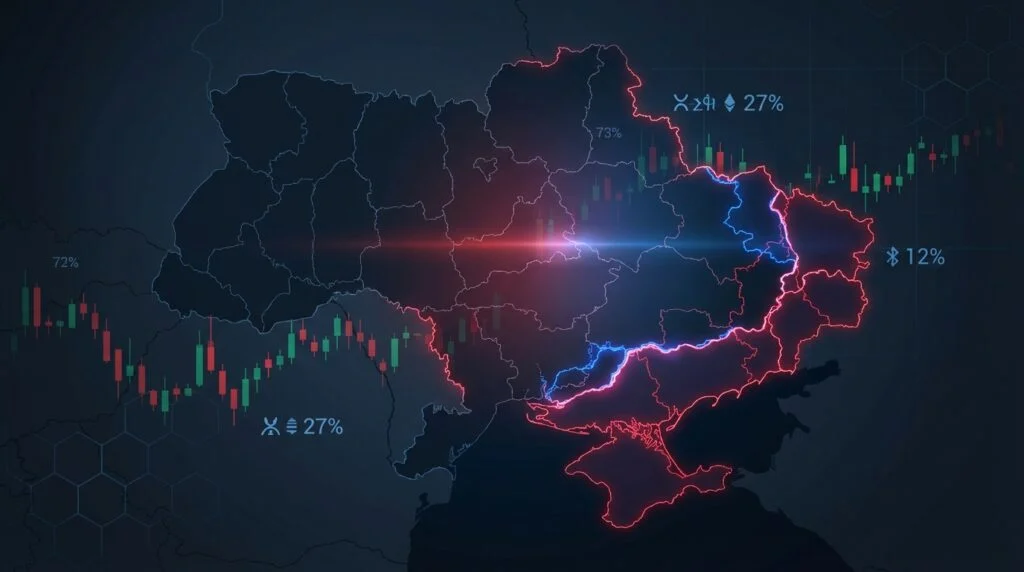 Map of Ukraine with prediction market betting data overlay showing contested regions and trading charts