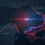 Map of Ukraine with prediction market betting data overlay showing contested regions and trading charts