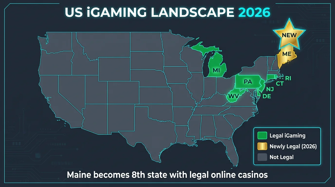 Map showing 8 US states with legal iGaming including Maine as newest addition in 2026