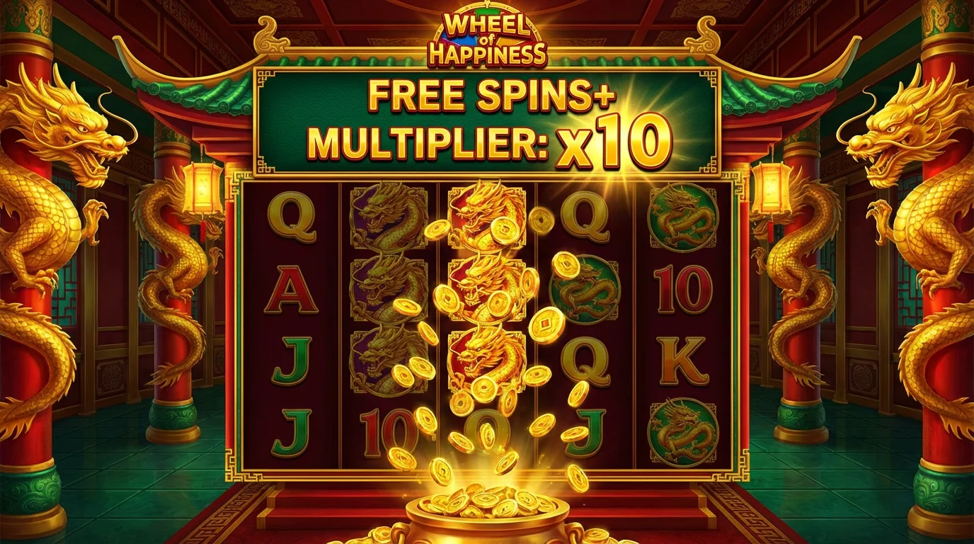 Wheel of Happiness Free Spins+ bonus feature with multiplier and tumbling wins