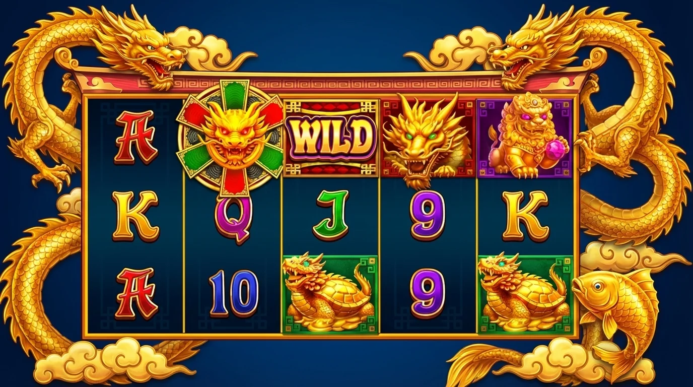 Wheel of Happiness slot game reels showing Chinese prosperity theme with dragon and lion symbols