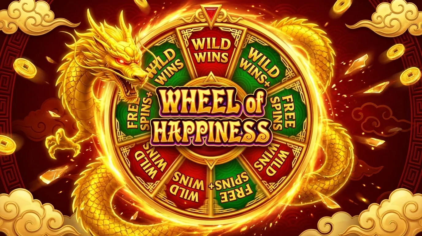 Wheel of Happiness Random Award Wheel feature with Wild Wins and Free Spins segments