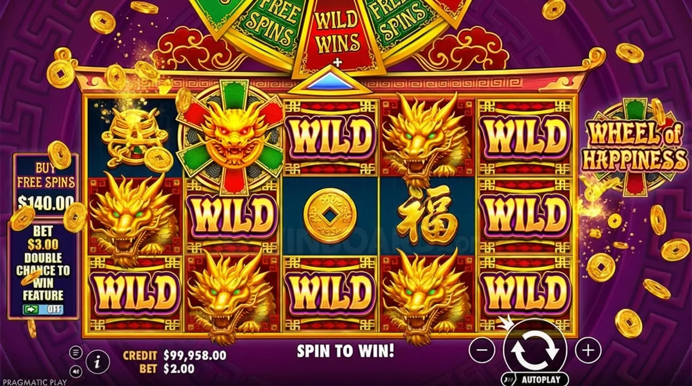 Wheel of Happiness Wild Wins feature with multiple wild symbols placed across the reels