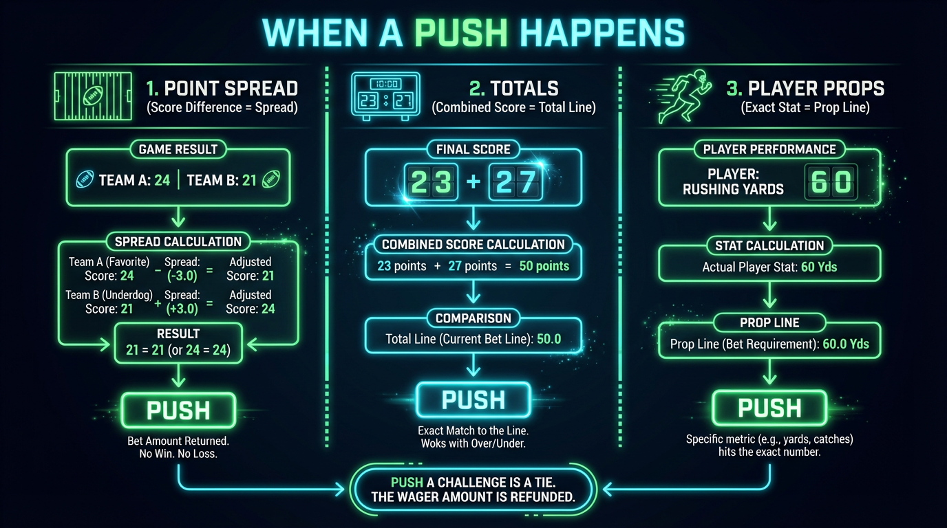 Infographic showing push scenarios for spread, totals, and props