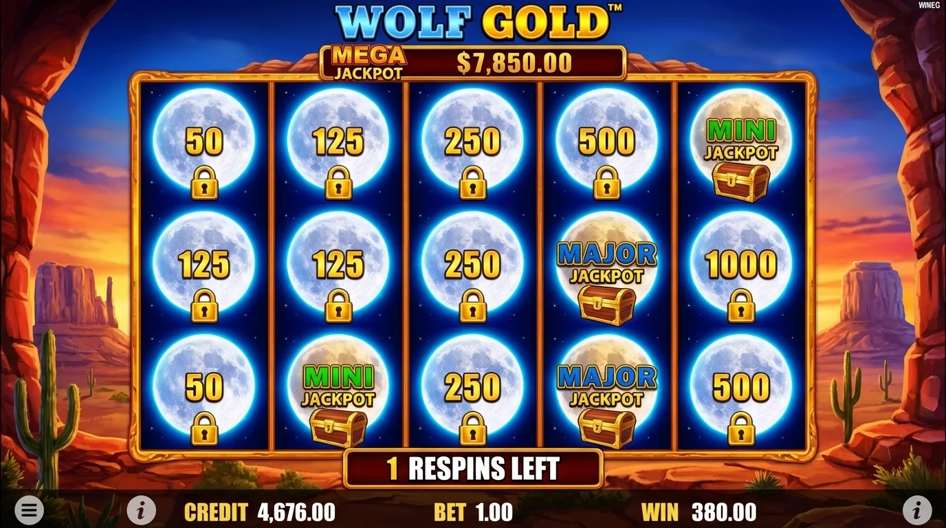 Wolf Gold slot Money Respin feature with full moon jackpot symbols