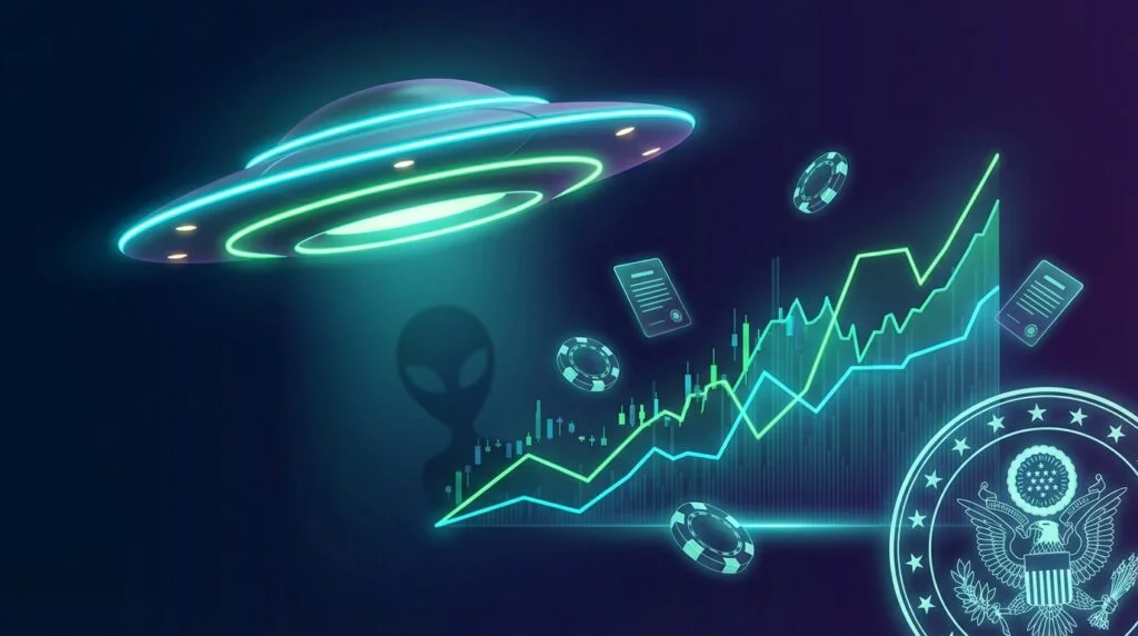 Prediction market trading interface showing alien disclosure betting odds with UFO imagery and digital trading elements