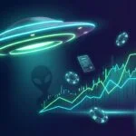 Prediction market trading interface showing alien disclosure betting odds with UFO imagery and digital trading elements