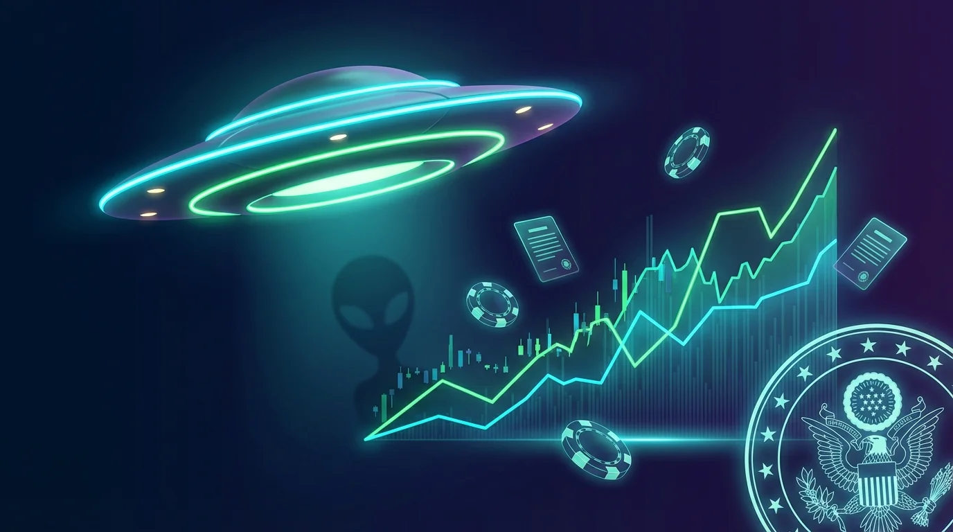 Prediction market trading interface showing alien disclosure betting odds with UFO imagery and digital trading elements