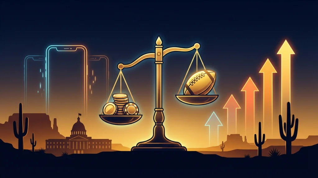 Arizona sports betting tax increase proposal illustration with scales of justice desert landscape and rising charts