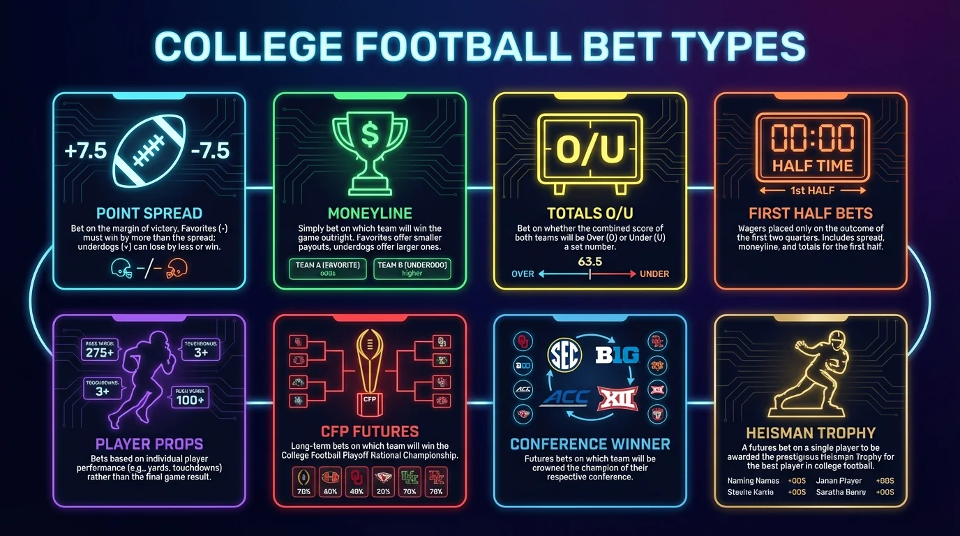 Infographic showing eight types of college football bets including spread, moneyline, totals, props, CFP futures, and Heisman